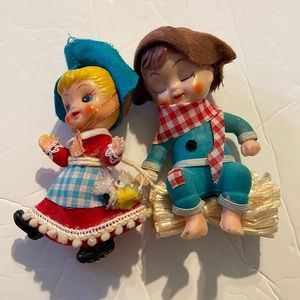 Vintage Mother Goose Flocked Felt Plastic Face Ornaments